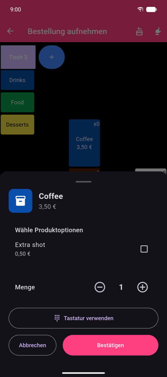 Produktblatt für Coffee (3,50 €): „Wähle Produktoptionen" mit Kontrollkästchen „Extra shot" (0,50 €), einem Mengen-Stepper (− 1 +), einer Schaltfläche „Tastatur verwenden" und Schaltflächen „Abbrechen" / „Bestätigen".