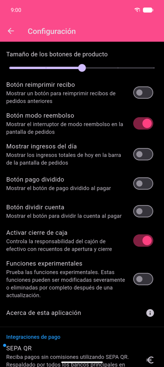 Pantalla de Configuración con el selector Activar cierre de caja activado (rosa), con la etiqueta "Track cash drawer accountability with opening and closing counts", entre varios otros selectores de funciones