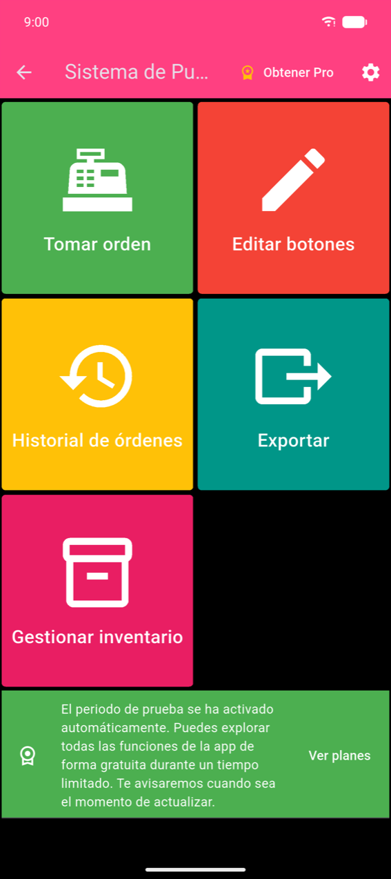 Menú principal: cinco accesos de colores (Tomar orden, Editar botones, Historial de órdenes, Exportar, Gestionar inventario) con el icono de engranaje en la barra rosa de la app