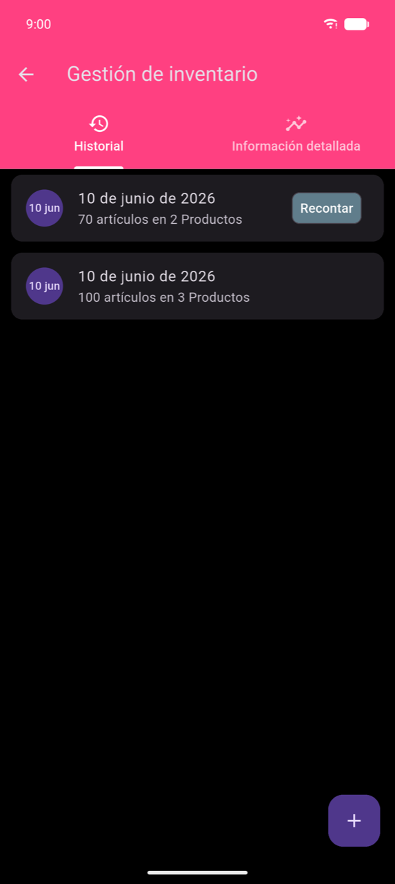 Gestión de inventario, pestaña Historial: dos filas de órdenes con fecha 10 de junio de 2026 — una mostrando "70 items in 2 Products" con un chip Recount, otra mostrando "100 items in 3 Products" — con un FAB + en la esquina inferior derecha