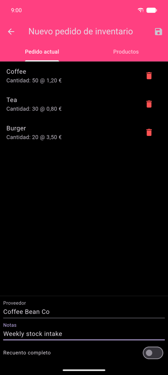 Nueva orden de inventario, pestaña Pedido actual: tres líneas — Coffee Cant.: 50 @ 1,20 €, Tea Cant.: 30 @ 0,80 €, Burger Cant.: 20 @ 3,50 € — cada una con un icono de papelera; campo Proveedor ("Coffee Bean Co"), campo Notas ("Weekly stock intake") y selector Recuento completo (desactivado) en la parte inferior