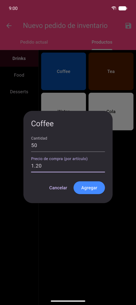 Diálogo Añadir producto sobre la pestaña Productos: cuadrícula de productos mostrando Coffee (seleccionado, azul), Tea, Water y Cola; diálogo titulado "Coffee" con campo Cantidad establecido en 50 y campo Precio de compra (por artículo) establecido en 1,20; botones Cancelar y Añadir