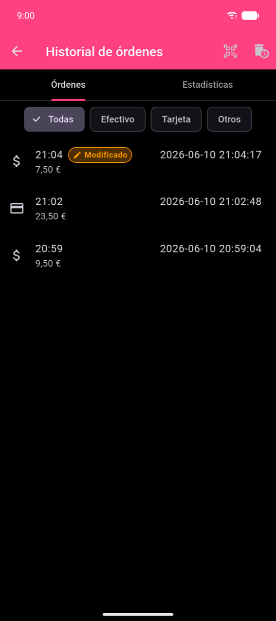 Pantalla Historial de órdenes, pestaña Órdenes: chips de filtro Todas (seleccionado), Efectivo, Tarjeta, Otro; tres filas — la primera tiene un icono de dólar, hora 21:04, una insignia naranja Modificado, fecha 2026-06-10 21:04:17 y 7,50 €; la segunda tiene un icono de tarjeta, 21:02, fecha 2026-06-10 21:02:48, 23,50 €; la tercera tiene un icono de dólar, 20:59, fecha 2026-06-10 20:59:04, 9,50 €