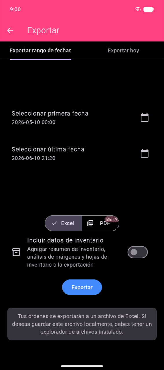 Pantalla de Exportar, pestaña Exportar rango de fechas: Seleccionar primera fecha 2026-05-10 00:00 y Seleccionar última fecha 2026-06-10 21:20 cada una con un icono de calendario; selector de formato Excel / PDF BETA con Excel seleccionado; selector Incluir datos de stock (desactivado); botón azul Exportar; barra de notificación que dice 'Your orders will be exported to an excel file. If you would like to save this file locally, you will need to have a file explorer installed.'