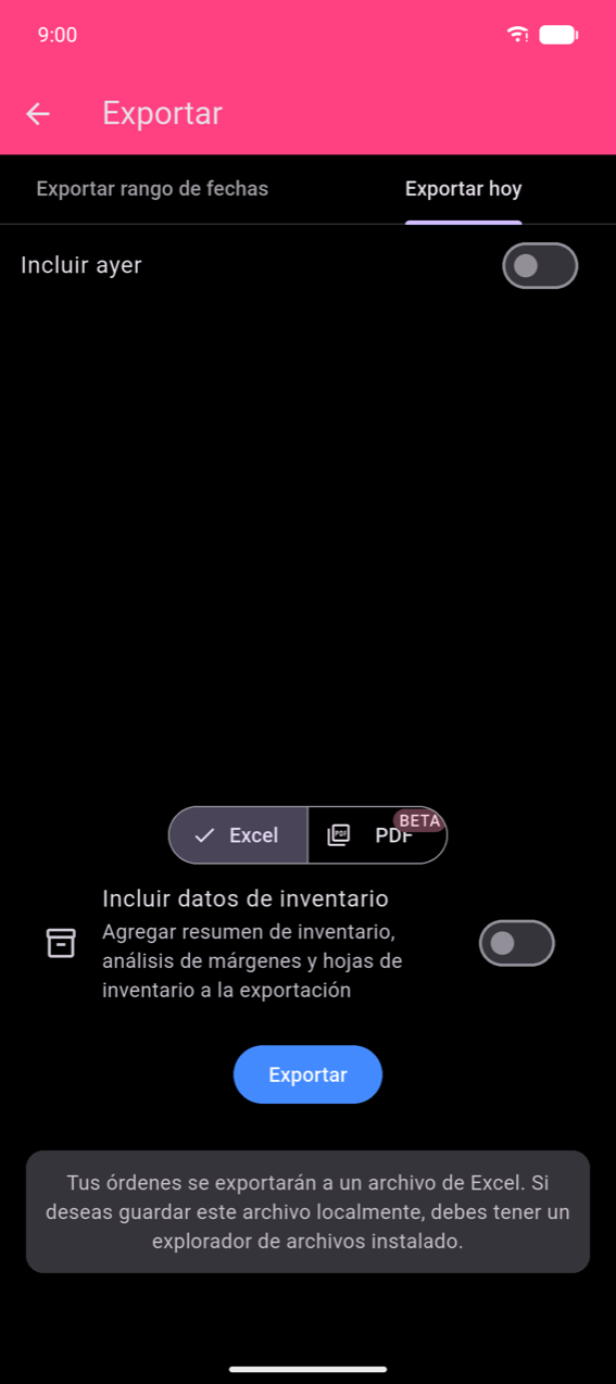 Pantalla de Exportar, pestaña Exportar hoy: selector Incluir ayer (desactivado); selector de formato Excel / PDF BETA con Excel seleccionado; selector Incluir datos de stock (desactivado); botón azul Exportar; misma barra de notificación en la parte inferior