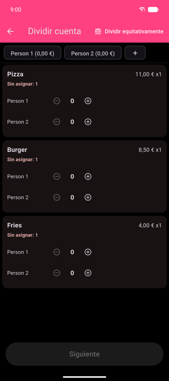 Paso de asignación de Dividir cuenta: chips Persona 1 y Persona 2 (ambas 0,00 €) en la parte superior; tres tarjetas de producto — Pizza (11,00 € ×1, Sin asignar: 1), Burger (8,50 € ×1, Sin asignar: 1), Fries (4,00 € ×1, Sin asignar: 1) — cada una con controles ± por persona; botón Siguiente desactivado