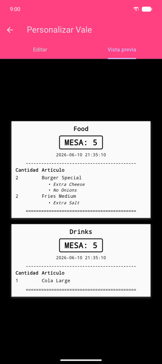 Personalizar Vale, pestaña Vista previa: dos tiques por categoría — "Food" (MESA: 5, 2× Burger Special con opciones Extra Cheese y No Onions, 2× Fries Medium con Extra Salt) y "Drinks" (MESA: 5, 1× Cola Large) — cada uno separado por una línea doble