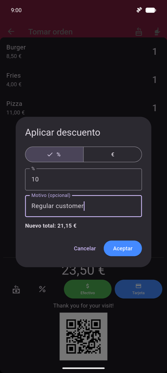 Diálogo Aplicar descuento: selector de tipo % / $ con % seleccionado; campo de valor mostrando 10; campo Motivo (opcional) mostrando "Regular customer"; vista previa Nuevo total: 21,15 €; botones Cancelar y Ok; detrás del diálogo la orden muestra Burger 8,50 € ×1, Fries 4,00 € ×1, Pizza 11,00 € ×1 y la barra de cobro de 23,50 € con botones Efectivo y Tarjeta