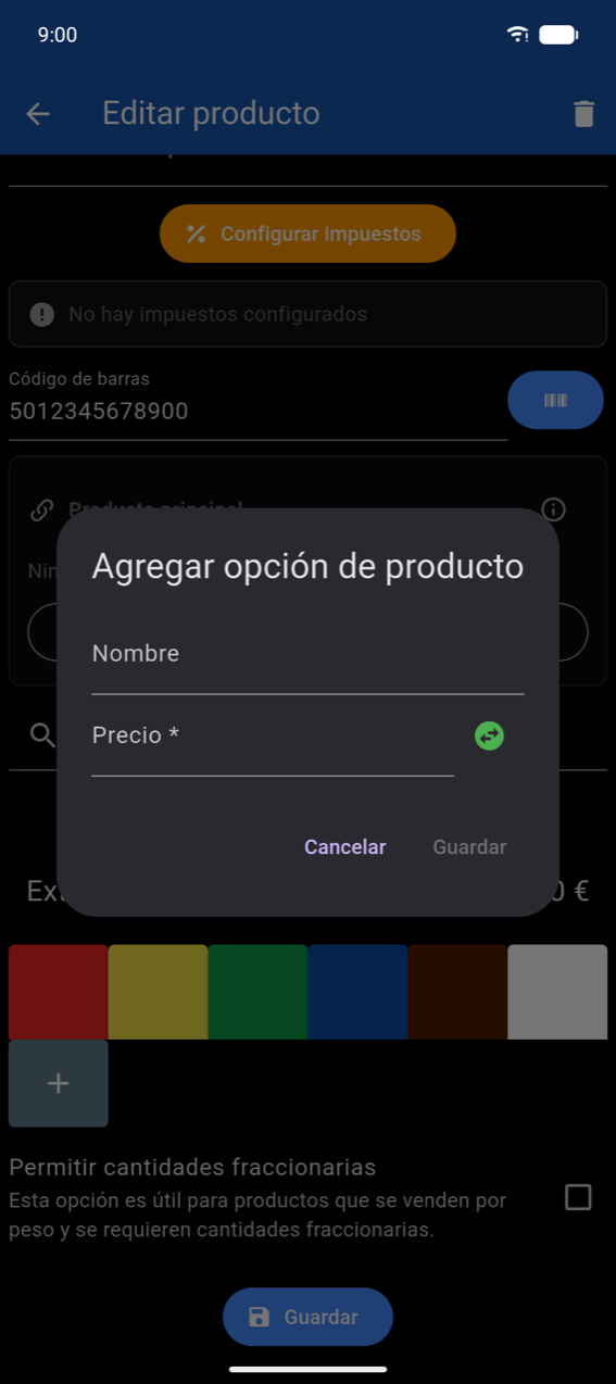 Diálogo Añadir opción de producto: campo Nombre, campo Precio * con selector de signo, botones Cancelar y Guardar (Guardar desactivado hasta que se introduce un nombre)