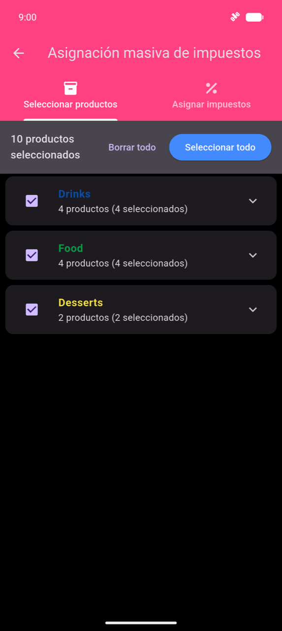 Asignación masiva de impuestos, pestaña Seleccionar productos: banner mostrando 10 productos seleccionados con un botón Seleccionar todo; tres filas de categorías contraídas — Drinks (4 de 4 seleccionados), Food (4 de 4), Desserts (2 de 2) — todas marcadas