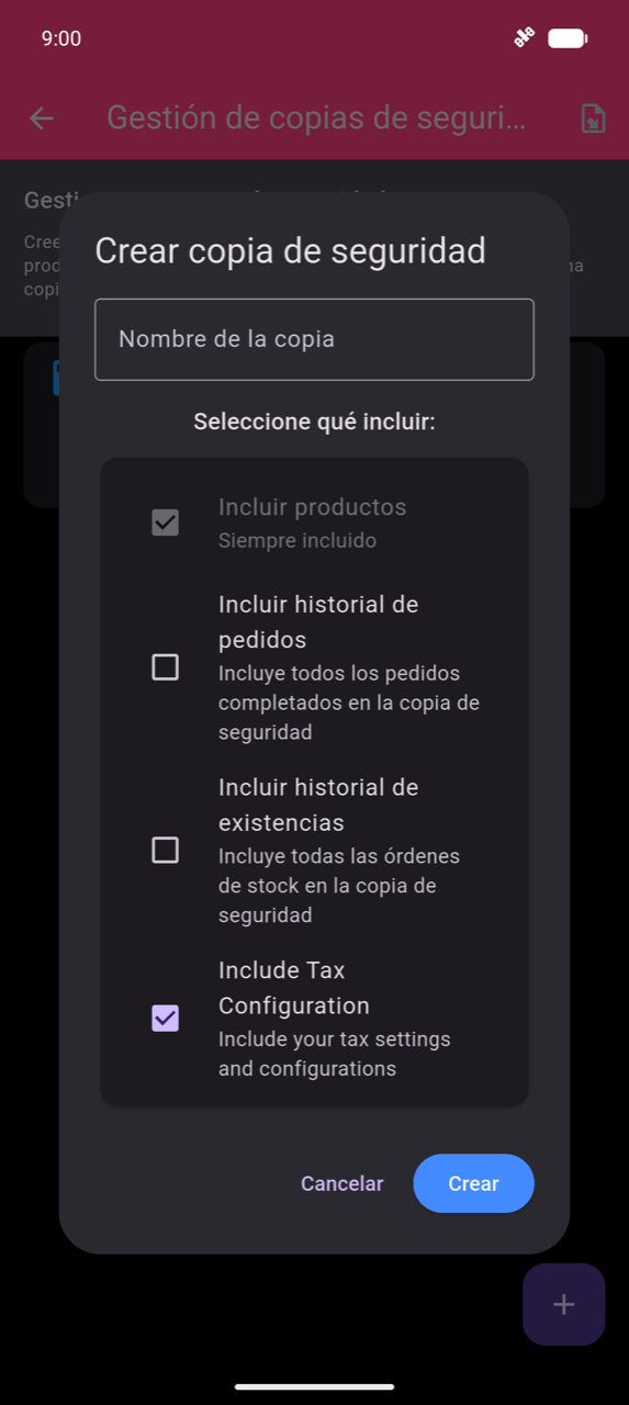 Diálogo Crear copia de seguridad: campo de texto Nombre de copia de seguridad; casillas para Incluir productos (siempre incluido, preseleccionado), Incluir historial de órdenes, Incluir historial de stock e Incluir configuración de impuestos (marcado); botones Cancelar y Crear