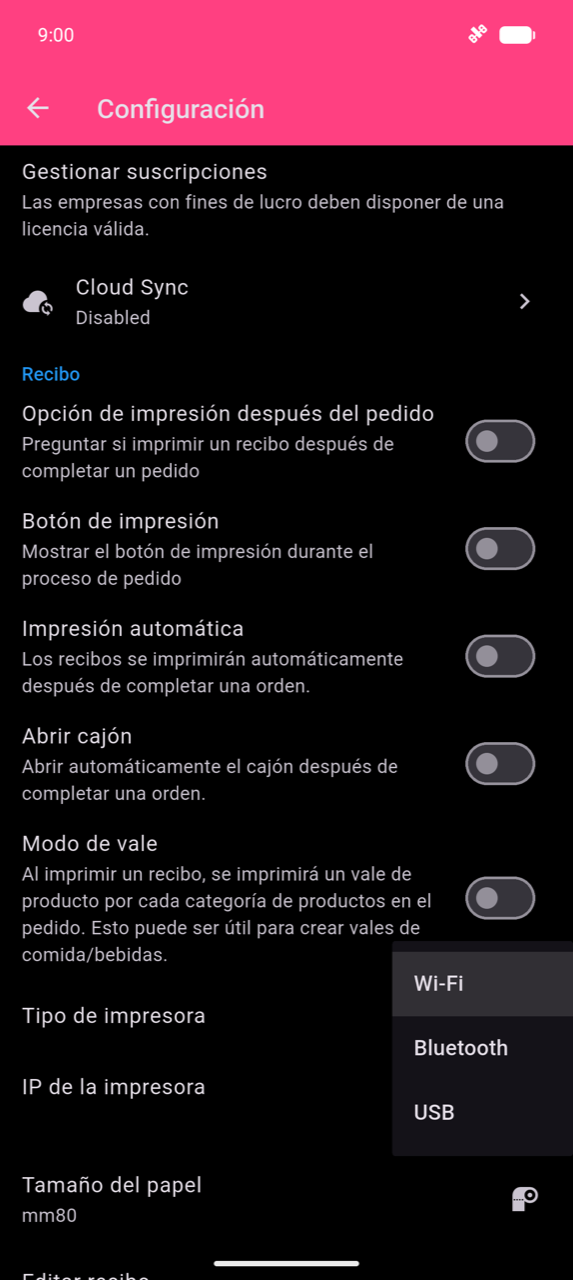 Sección Recibo en Configuración con el menú desplegable Tipo de impresora abierto, mostrando las tres opciones: Wi-Fi, Bluetooth y USB