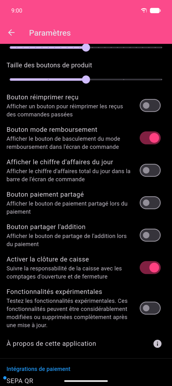 Écran Paramètres avec le toggle Activer la clôture de caisse activé (rose), libellé « Suivre la responsabilité du tiroir-caisse avec des comptages d'ouverture et de fermeture », parmi plusieurs autres toggles de fonctionnalités