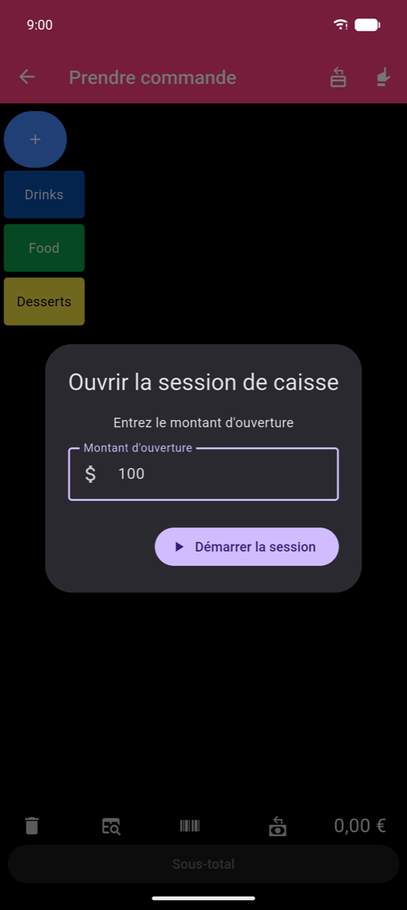 Boîte de dialogue Ouvrir la session de caisse sur l'écran Prendre commande : « Saisissez le montant d'ouverture en espèces », champ Montant d'ouverture contenant 100, bouton Démarrer la session — aucun bouton Annuler