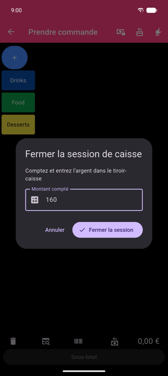 Boîte de dialogue Fermer la session de caisse : « Comptez et saisissez les espèces dans le tiroir », champ Montant compté contenant 160, boutons Annuler et Fermer la session