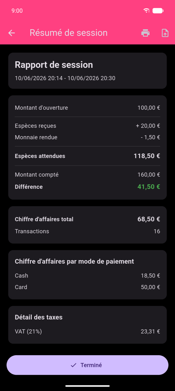Écran Résumé de session : carte Rapport de session avec plage de dates, carte de calcul des espèces (Montant d'ouverture, Espèces reçues, Monnaie rendue, Espèces attendues, Montant compté, Différence en vert), Chiffre d'affaires total et Transactions, Chiffre d'affaires par méthode de paiement (Espèces et Carte), Récapitulatif des taxes (TVA 21%), bouton Terminé