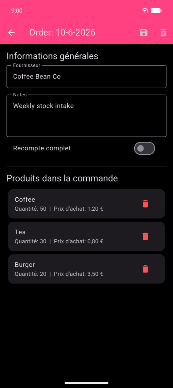 Détail de commande pour le 10-6-2026 : section Informations générales avec Fournisseur « Coffee Bean Co » et Notes « Approvisionnement hebdomadaire », toggle Recompte complet (désactivé), puis Produits dans la commande — Café (Quantité : 50 | Prix d'achat : 1,20 €), Thé (Quantité : 30 | Prix d'achat : 0,80 €), Burger (Quantité : 20 | Prix d'achat : 3,50 €) — chacun avec une icône de corbeille