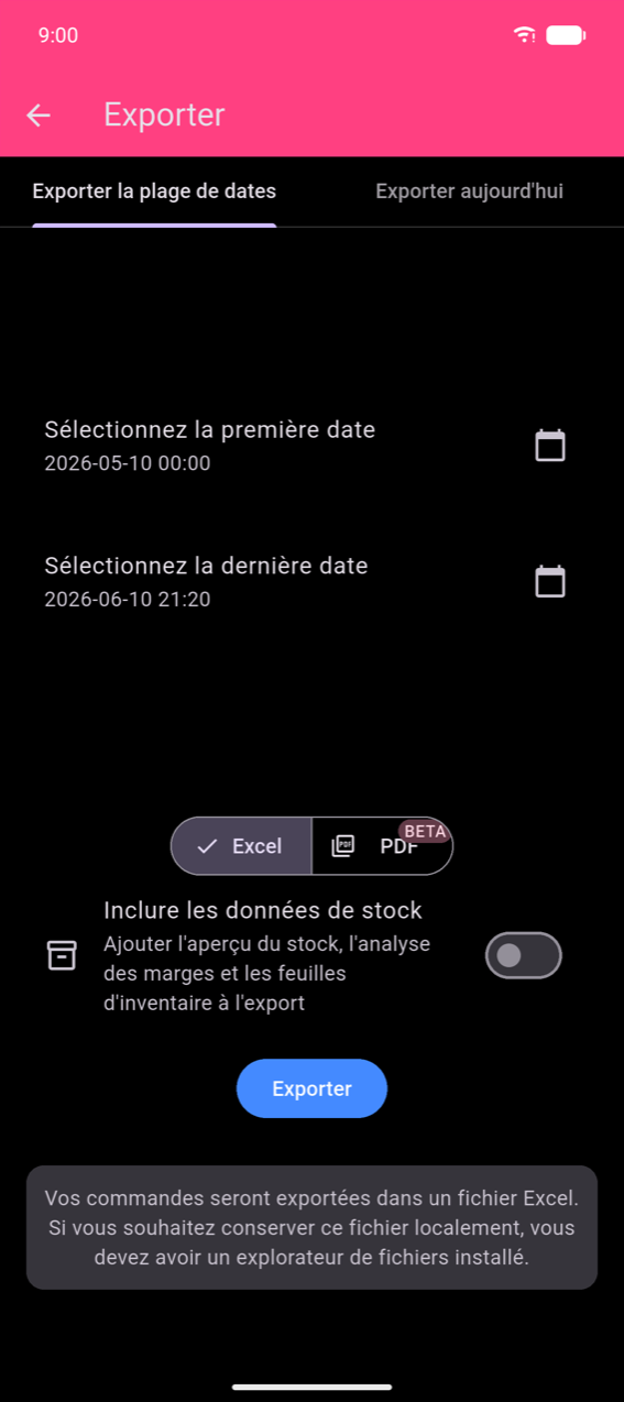 Écran Exporter, onglet Exporter la plage de dates : Sélectionnez la première date 2026-05-10 00:00 et Sélectionnez la dernière date 2026-06-10 21:20 chacune avec une icône de calendrier ; toggle de format Excel / PDF BETA avec Excel sélectionné ; toggle Inclure les données de stock (désactivé) ; bouton Exporter bleu ; snackbar indiquant « Vos commandes seront exportées vers un fichier Excel. Si vous souhaitez enregistrer ce fichier localement, vous devez avoir un explorateur de fichiers installé. »