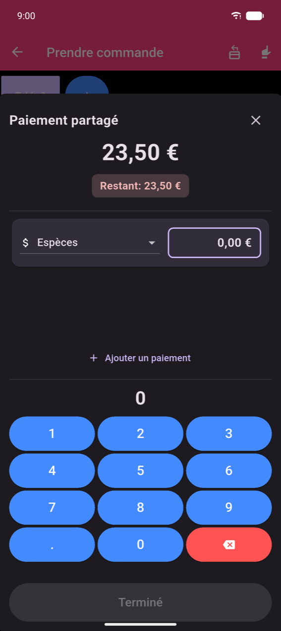 Fenêtre modale Paiement partagé : total 23,50 €, puce Restant : 23,50 €, une entrée Espèces avec champ de montant 0,00 €, lien + Ajouter un paiement, pavé numérique décimal, bouton Terminé grisé