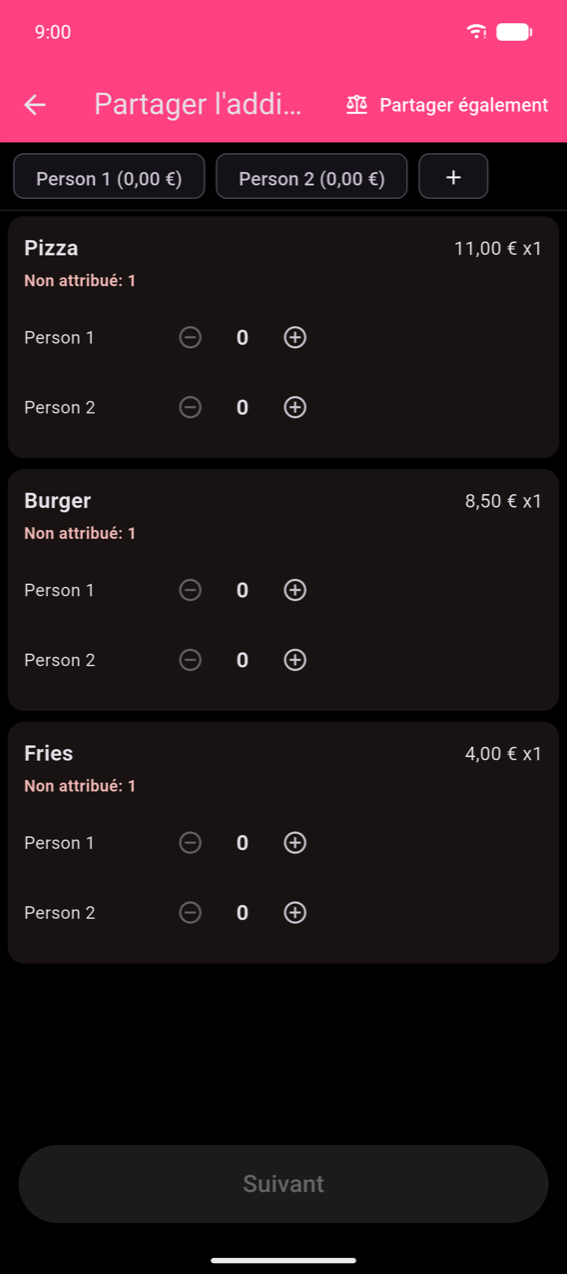 Étape d'attribution Partager l'addition : puces Personne 1 et Personne 2 (toutes deux à 0,00 €) en haut ; trois cartes produits — Pizza (11,00 € ×1, Non attribué : 1), Burger (8,50 € ×1, Non attribué : 1), Frites (4,00 € ×1, Non attribué : 1) — chacune avec des steppers ± par personne ; bouton Suivant grisé