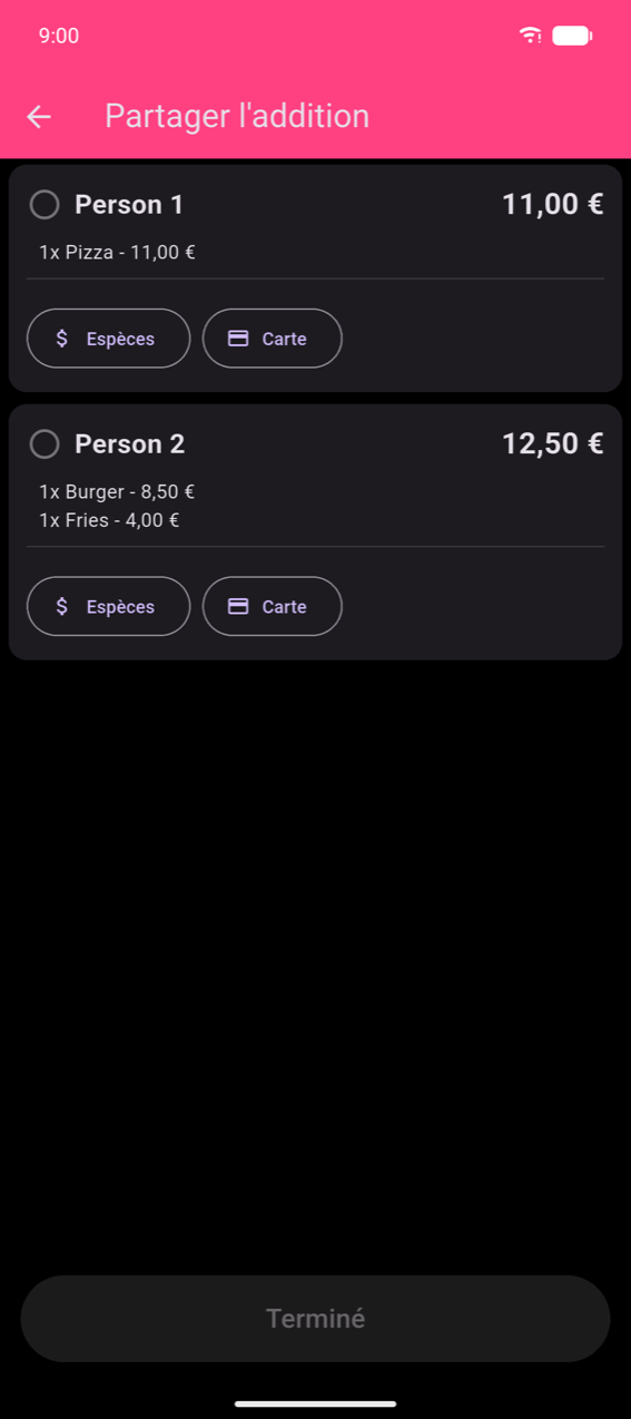 Étape de paiement Partager l'addition : carte Personne 1 (11,00 €, 1× Pizza) avec les boutons Espèces et Carte ; carte Personne 2 (12,50 €, 1× Burger + 1× Frites) avec les boutons Espèces et Carte ; bouton Terminé grisé