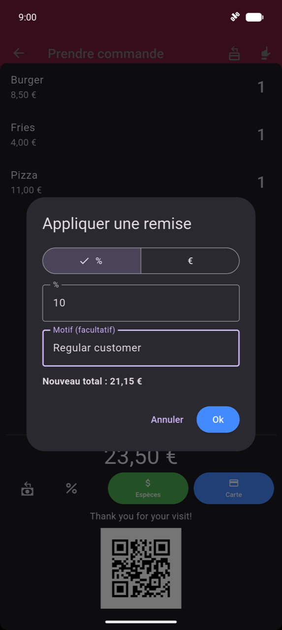 Boîte de dialogue Appliquer une remise : toggle de type % / $ avec % sélectionné ; champ de valeur affichant 10 ; champ Motif (optionnel) affichant « Client régulier » ; aperçu Nouveau total : 21,15 € ; boutons Annuler et Ok ; derrière la boîte de dialogue la commande affiche Burger 8,50 € ×1, Frites 4,00 € ×1, Pizza 11,00 € ×1 et la barre de paiement 23,50 € avec les boutons Espèces et Carte