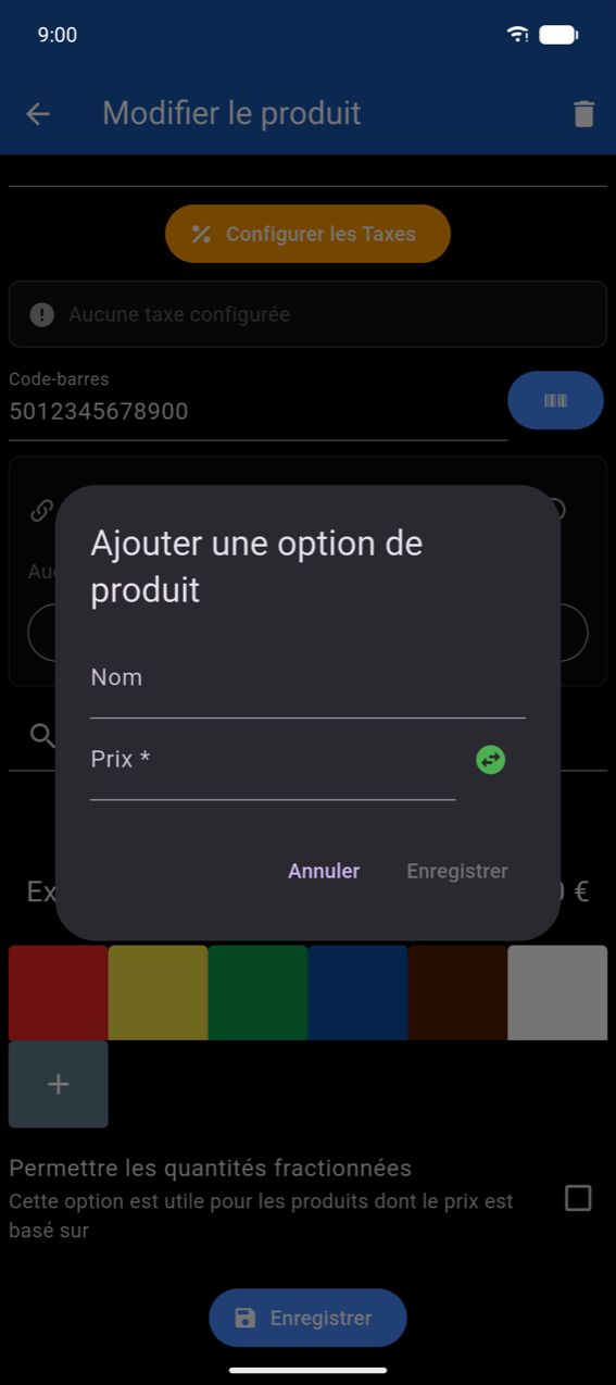 Boîte de dialogue Ajouter une option de produit : champ Nom, champ Prix * avec toggle de signe, boutons Annuler et Enregistrer (Enregistrer désactivé jusqu'à ce qu'un nom soit saisi)