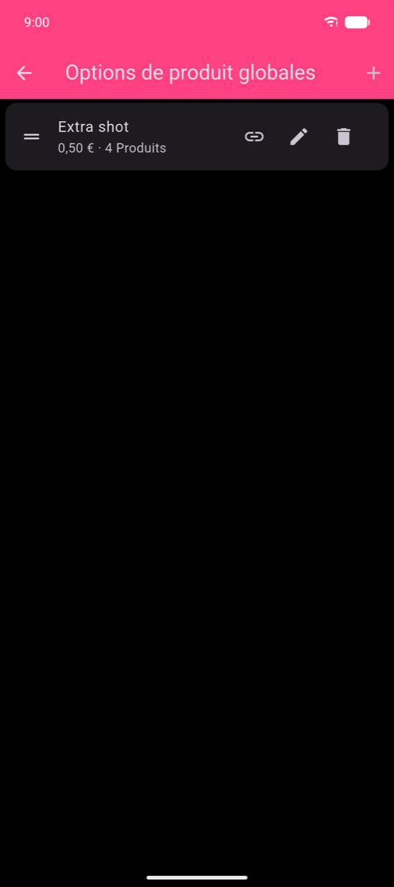 Liste Options de produit globales avec une carte : « Shot supplémentaire », prix et nombre de produits, et trois icônes — lien en chaîne (assigner), crayon (modifier), corbeille (supprimer)