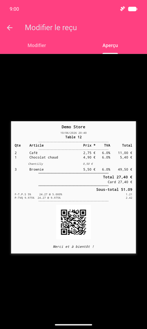 Modifier le reçu, onglet Aperçu : reçu fictif pour « Demo Store » affichant la liste des articles avec une colonne TVA, des lignes de récapitulatif des taxes, un code QR et un pied de page « Bonne journée ! »