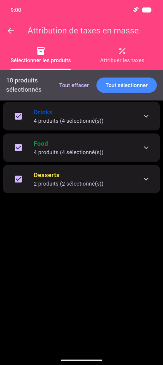 Attribution de taxes en masse, onglet Sélectionner les produits : bannière indiquant 10 produits sélectionnés avec un bouton Sélectionner tout ; trois lignes de catégories repliées — Boissons (4 sur 4 sélectionnés), Nourriture (4 sur 4), Desserts (2 sur 2) — toutes cochées