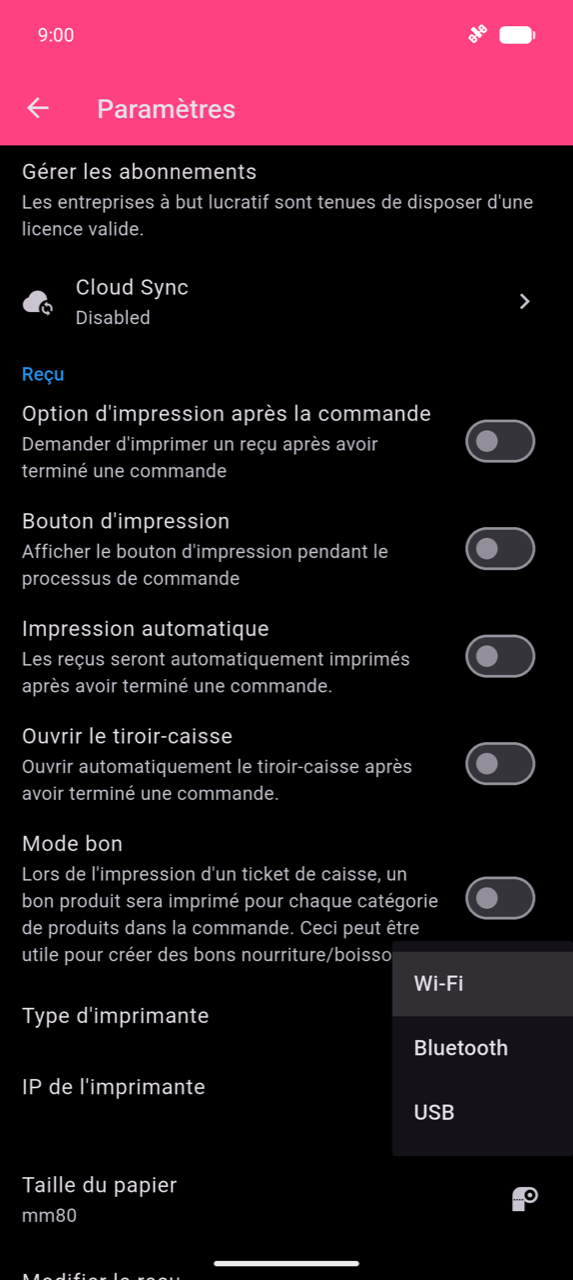 Section Reçu dans Paramètres avec le menu déroulant Type d'imprimante ouvert, affichant les trois options : Wi-Fi, Bluetooth et USB