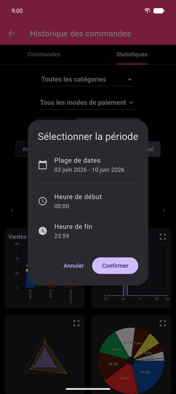 Boîte de dialogue Sélectionner la période sur l'écran Stats. Trois lignes : Plage de dates (affichant 03 juin 2026 – 10 juin 2026), Heure de début (00:00), et Heure de fin (23:59). Boutons Annuler et Confirmer en bas.