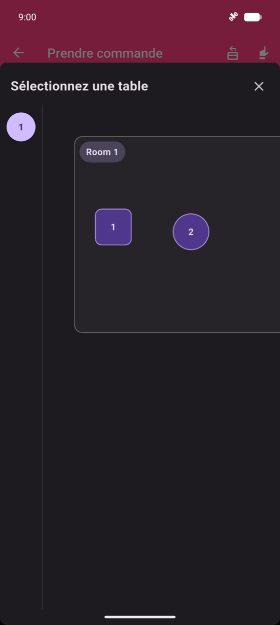 Feuille Sélectionner une table : une barre latérale d'étage affichant l'étage 1, et un canevas Salle 1 avec une table 1 carrée et une table 2 ronde, toutes deux en violet.