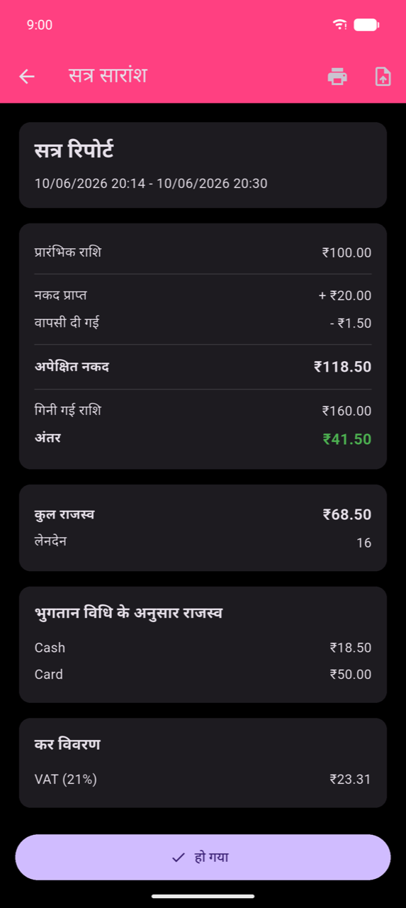 Session summary screen: date range के साथ सत्र रिपोर्ट card, cash calculation card (प्रारंभिक राशि, नकद प्राप्त, वापसी दी गई, अपेक्षित नकद, गिनी गई राशि, हरे रंग में अंतर), कुल राजस्व और Transactions, payment method द्वारा Revenue (Cash और Card), Tax breakdown (VAT 21%), हो गया बटन