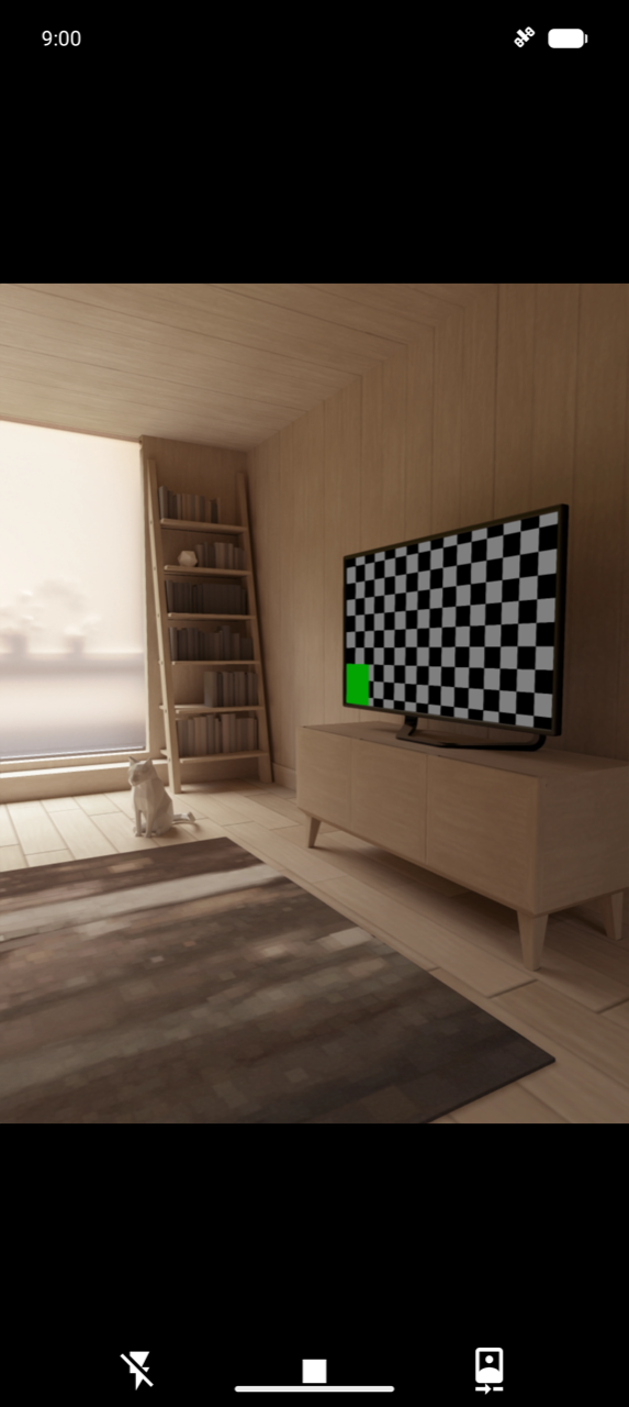 Full-screen camera scanner। Viewfinder screen भरता है; emulator एक placeholder room scene दिखाता है (bookshelves और checkerboard pattern वाला TV)। टॉप-राइट कोने में flash-toggle icon; नीचे torch और camera-flip controls। Real device पर यह live camera feed दिखाता है — field अपने आप भरने के लिए product के physical barcode की ओर इशारा करें।