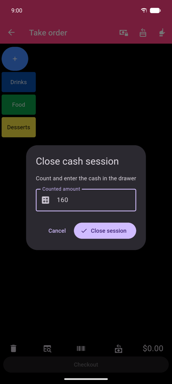 Close cash session dialog: "Count and enter the cash in the drawer", Counted amount field containing 160, Cancel and Close session buttons