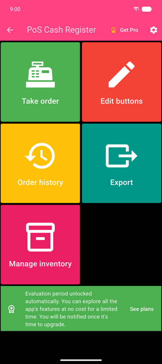 Home menu: five coloured tiles (Take order, Edit buttons, Order history, Export, Manage inventory) with the gear icon in the pink app bar