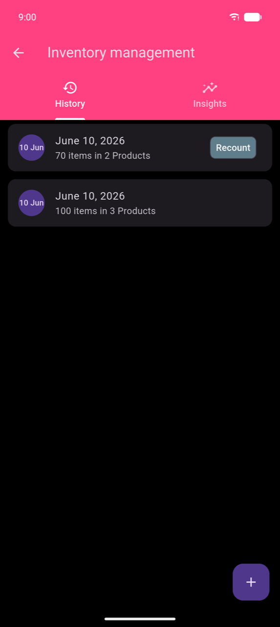 Inventory management, History tab: two order rows both dated June 10, 2026 — one showing "70 items in 2 Products" with a Recount chip, one showing "100 items in 3 Products" — with a + FAB in the bottom-right corner