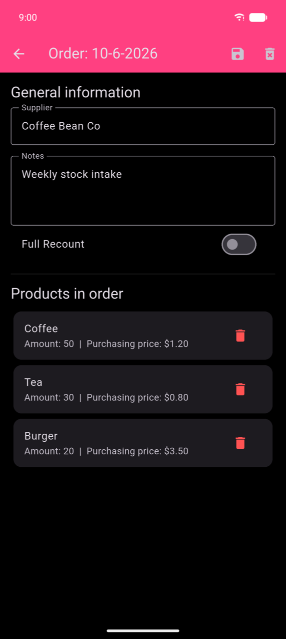 Order detail for 10-6-2026: General information section with Supplier "Coffee Bean Co" and Notes "Weekly stock intake", Full Recount toggle (off), then Products in order — Coffee (Amount: 50 | Purchasing price: $1.20), Tea (Amount: 30 | Purchasing price: $0.80), Burger (Amount: 20 | Purchasing price: $3.50) — each with a trash icon