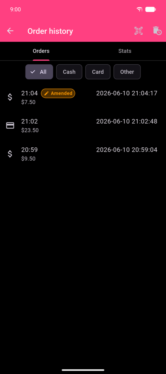 Order history screen, Orders tab: filter chips All (selected), Cash, Card, Other; three rows — first has a dollar icon, time 21:04, an orange Amended badge, date 2026-06-10 21:04:17, and $7.50; second has a card icon, 21:02, date 2026-06-10 21:02:48, $23.50; third has a dollar icon, 20:59, date 2026-06-10 20:59:04, $9.50