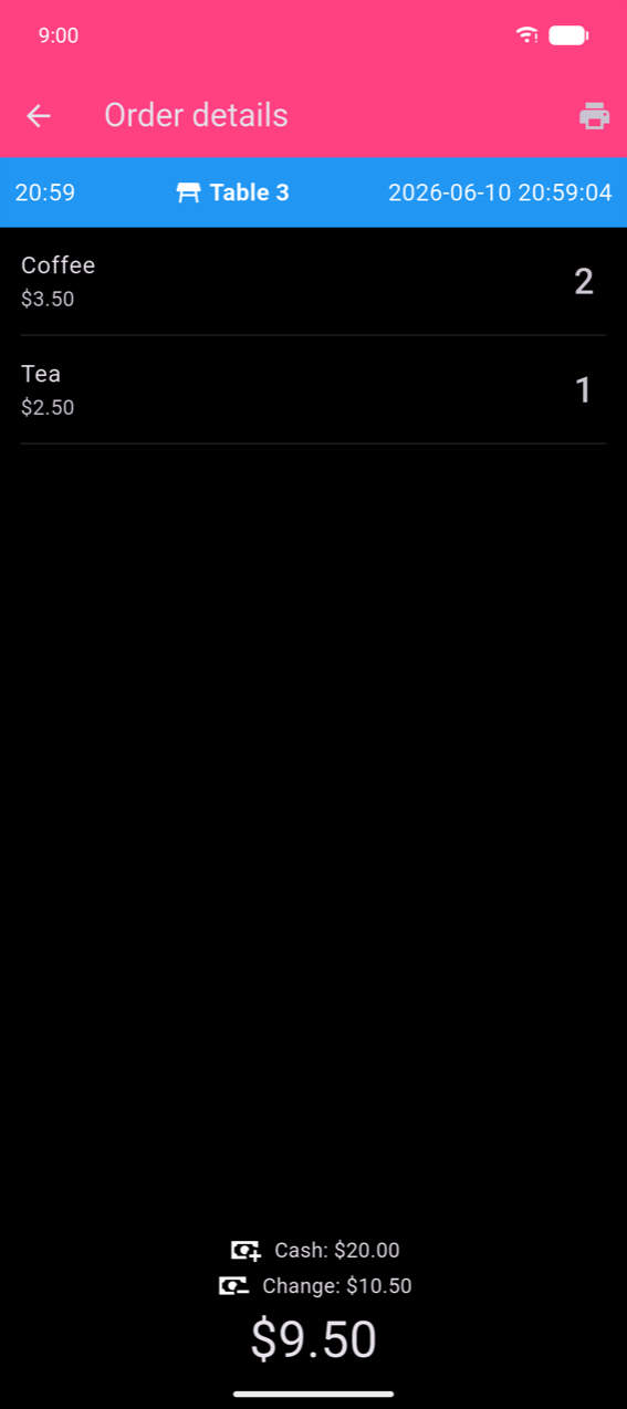 Order details screen: blue header bar showing 20:59, a table icon, Table 3, and 2026-06-10 20:59:04; Coffee $3.50 quantity 2 and Tea $2.50 quantity 1; bottom area showing Cash: $20.00, Change: $10.50, and total $9.50