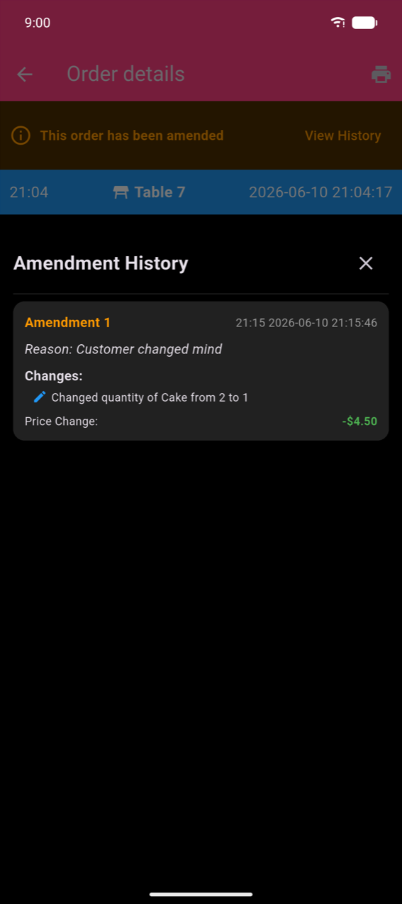 Order details screen with an orange 'This order has been amended' banner and View History link; blue header showing 21:04, Table 7, 2026-06-10 21:04:17; Amendment History bottom sheet showing Amendment 1 with reason 'Customer changed mind', change 'Changed quantity of Cake from 2 to 1', and Price Change: −$4.50 in green