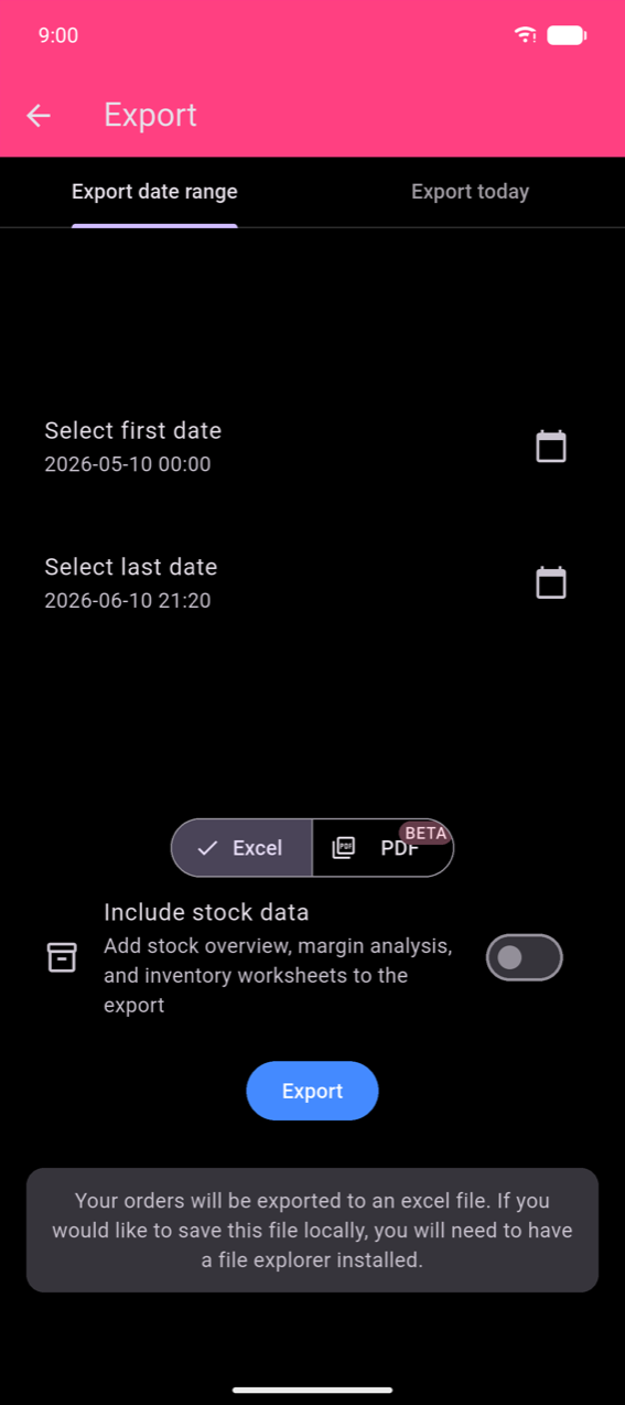 Export screen, Export date range tab: Select first date 2026-05-10 00:00 and Select last date 2026-06-10 21:20 each with a calendar icon; Excel / PDF BETA format toggle with Excel selected; Include stock data toggle (off); blue Export button; snackbar reading 'Your orders will be exported to an excel file. If you would like to save this file locally, you will need to have a file explorer installed.'