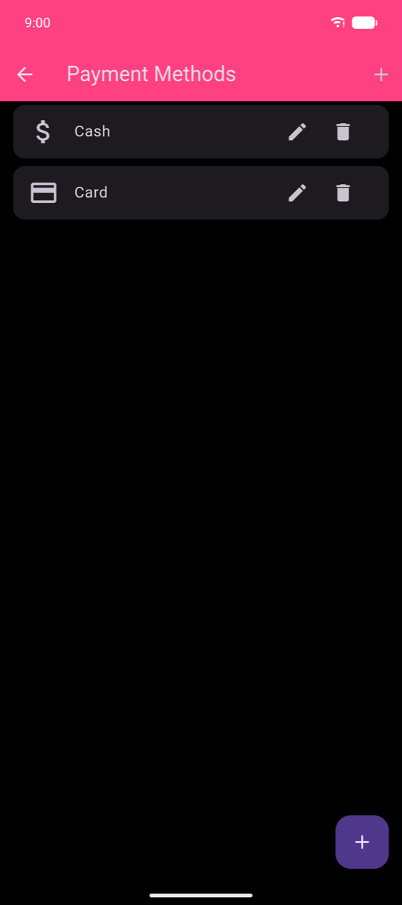 Payment Methods list: two rows — Cash (dollar-sign icon) and Card (card icon) — each with a pencil and trash icon; + button in the app bar and a + FAB in the bottom-right corner