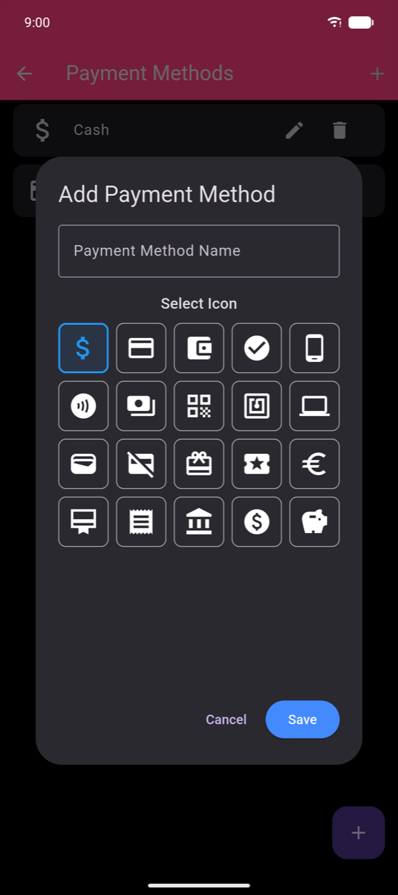 Add Payment Method dialog: Payment Method Name text field, Select Icon grid of 20 icons with the dollar-sign highlighted, Cancel and Save buttons