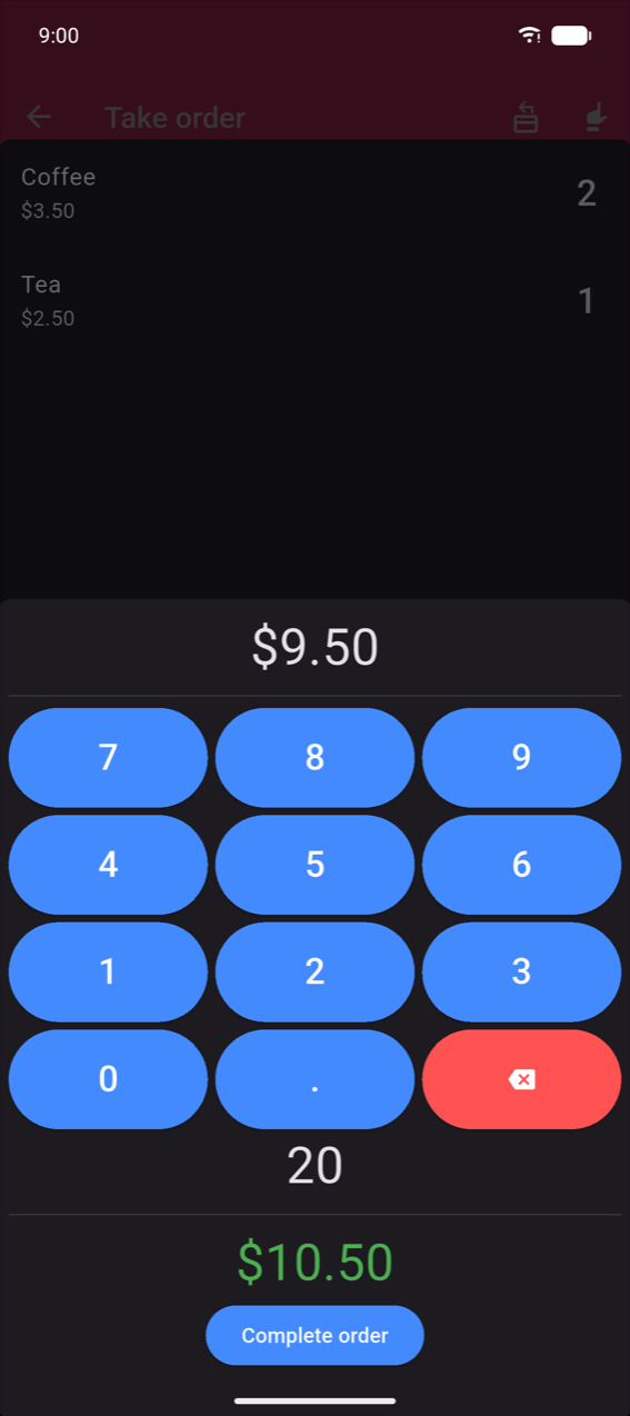 Change calculator: order total $9.50 shown at top; numpad with "20" entered; change of $10.50 displayed in green; Complete order button at the bottom