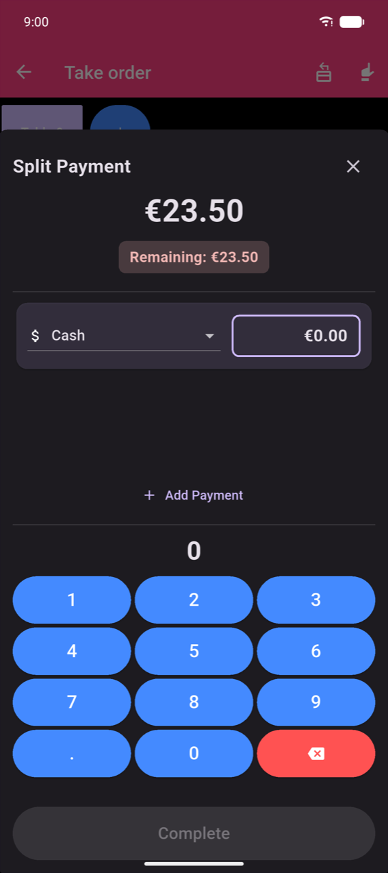 Split Payment modal: €23.50 total, Remaining: €23.50 chip, one Cash entry with €0.00 amount field, + Add Payment link, decimal numpad, greyed Complete button