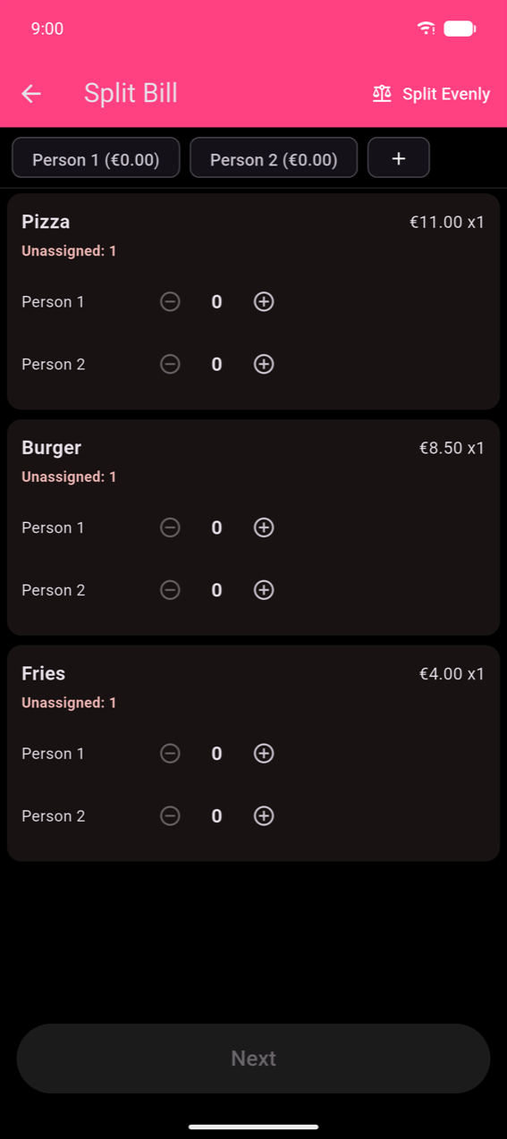 Split Bill assign step: Person 1 and Person 2 chips (both €0.00) at the top; three product cards — Pizza (€11.00 ×1, Unassigned: 1), Burger (€8.50 ×1, Unassigned: 1), Fries (€4.00 ×1, Unassigned: 1) — each with per-person ± steppers; greyed Next button