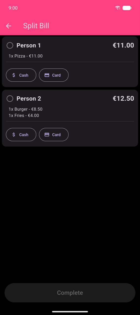 Split Bill pay step: Person 1 card (€11.00, 1× Pizza) with Cash and Card buttons; Person 2 card (€12.50, 1× Burger + 1× Fries) with Cash and Card buttons; greyed Complete button