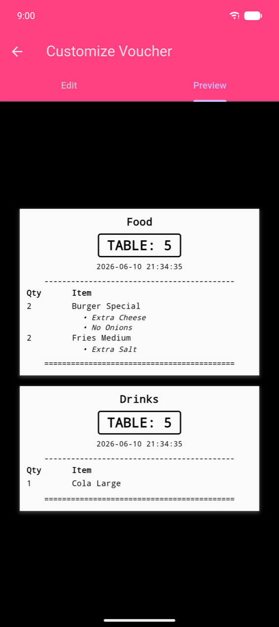Customize Voucher, Preview tab: two per-category tickets — "Food" (TABLE: 5, 2× Burger Special with Extra Cheese and No Onions options, 2× Fries Medium with Extra Salt) and "Drinks" (TABLE: 5, 1× Cola Large) — each separated by a double line